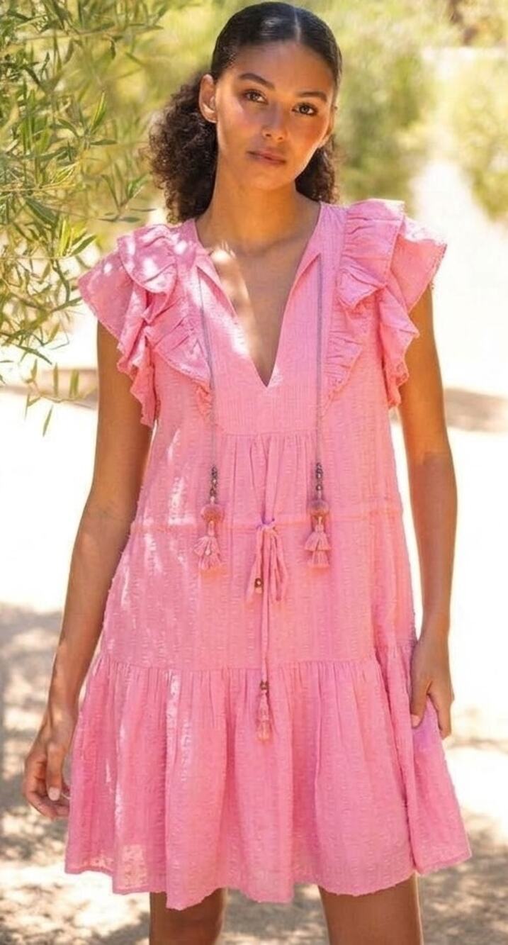 BELL BY ALICA BELL Pink Clip-Dot Ruffle Mini Dress Size L NWT